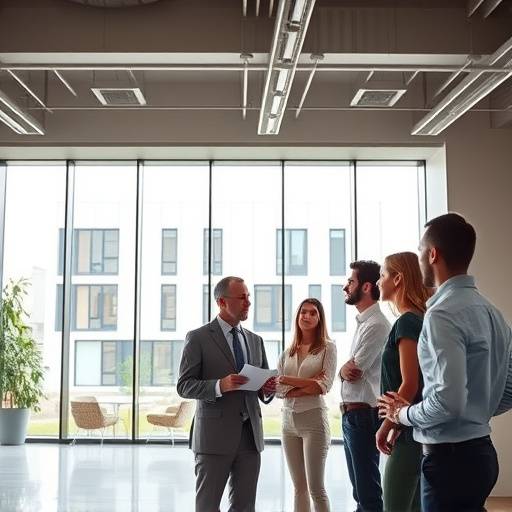Architetti che discutono un progetto di facciata moderna in un ufficio luminoso.