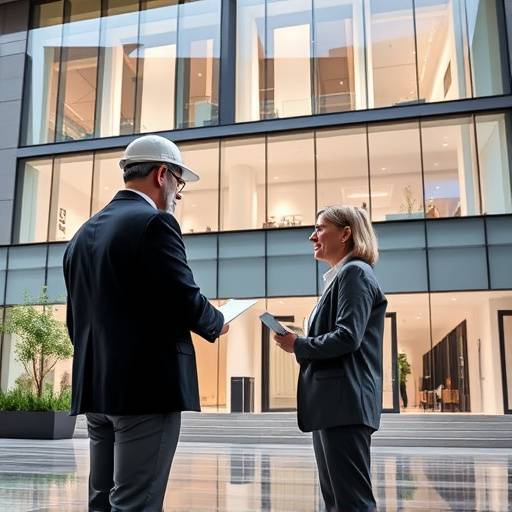 Architetto che discute progetti di facciata con un cliente in un ufficio moderno
