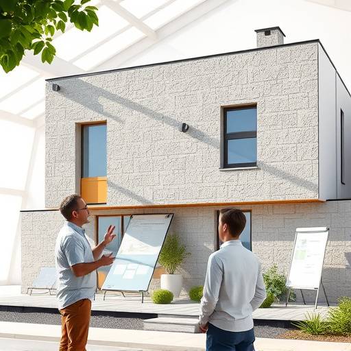 Architetto che illustra un progetto di facciata con materiali ecologici e pannelli solari