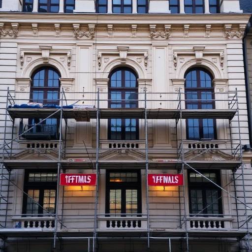 Edificio storico con facciata in fase di restauro, con ponteggi e operai al lavoro