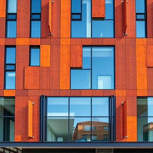 Facciata di un edificio per uffici con pannelli in corten e vetrate a Bologna