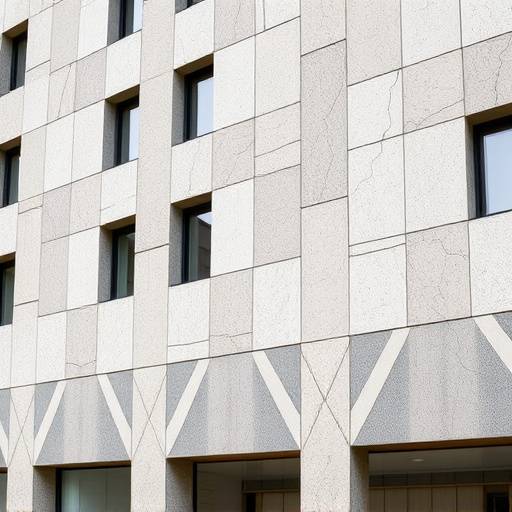 Facciata di un edificio pubblico con texture materiche e volumi geometrici.