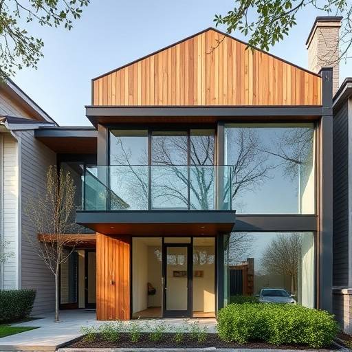 Facciata di un edificio residenziale moderno con ampie vetrate e pannelli in legno.