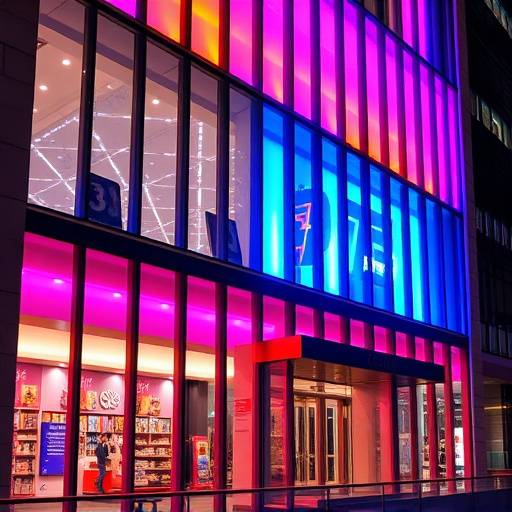 Facciata moderna illuminata di un edificio commerciale, con pannelli in vetro e metallo illuminati da luci a LED che cambiano colore.