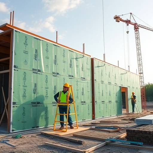 Immagine di un cantiere con operai che installano pannelli isolanti ecologici con cura