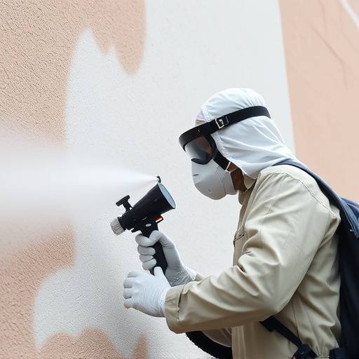 Tecnico che esegue un'applicazione a spruzzo di un rivestimento protettivo su una facciata