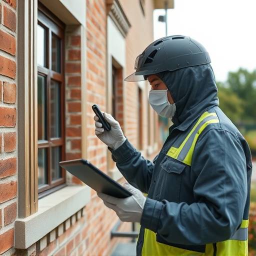 Tecnico che ispeziona una facciata con un tablet per registrare dati